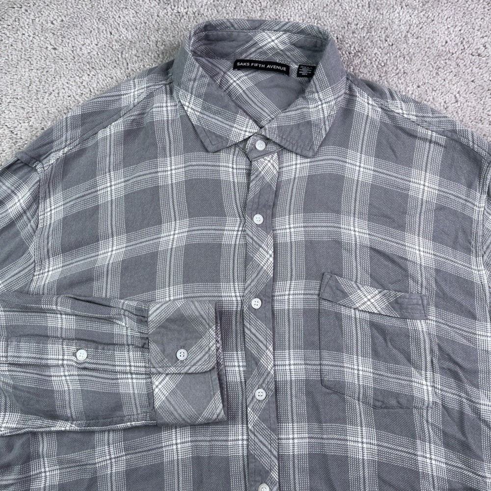 Saks‎ Fifth Avenue Shirt Mens XL Gray Plaid Viscose Long Sleeve Button Down